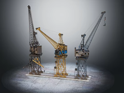 Three Scale Crane Models with Yellow and Gray Bodies Display on Gray Background 3d model
