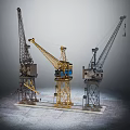 Three Scale Crane Models with Yellow and Gray Bodies Display on Gray Background 3d model