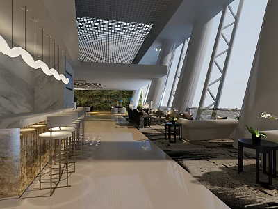 Modern Restaurant Interior With Bar Counter Stools Large Windows Green Plants And Grid Ceiling 3d model