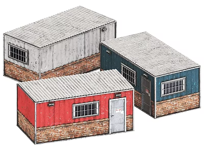 Small Colorful Buildings with Metal Roofs Brick Walls Windows and Doors 3d model