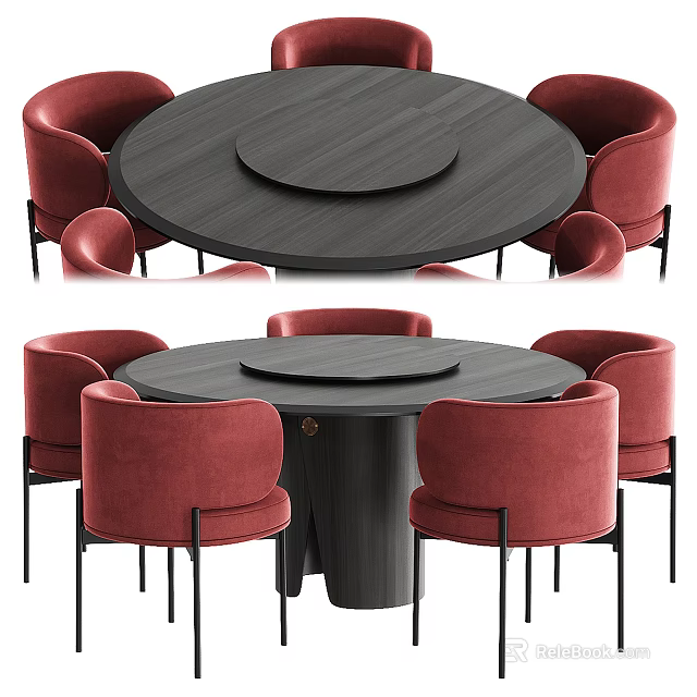 Elegant Round Dark Dining Table Set With Red Upholstered Chairs And Turntable 3d model