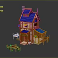 Cartoon Scenery Wooden House With Blue Roof Chimney Balcony And Outdoor Tables Chairs