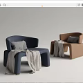 Modern Blue And Brown Single Sofa With Soft Pillows And Cozy Blankets 3d model