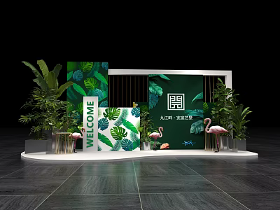 Welcome Event Setup With Tropical Leaf Decor Flamingo Sculptures And Elegant Green Backdrop 3d model