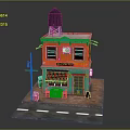Colorful Cartoon Building Scene With Red Awning Green Roof Street Lamp And Table Chairs