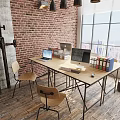 Industrial Office Space With Exposed Brick Wall Wooden Floor Sofa Bookshelf And Pendant Lights