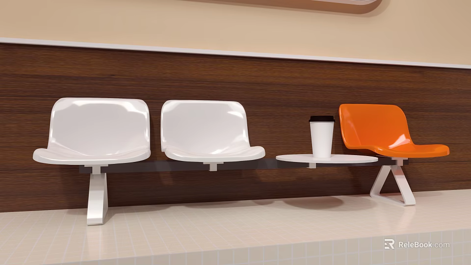 Stylish Casual Lounge Area Featuring White Orange Seats And Coffee Cup On Table 3d model 