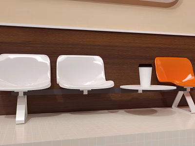 Stylish Casual Lounge Area Featuring White Orange Seats And Coffee Cup On Table 3d model