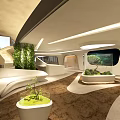 Modern Futuristic Lobby Interior With Curved Design Green Plants And Lighting