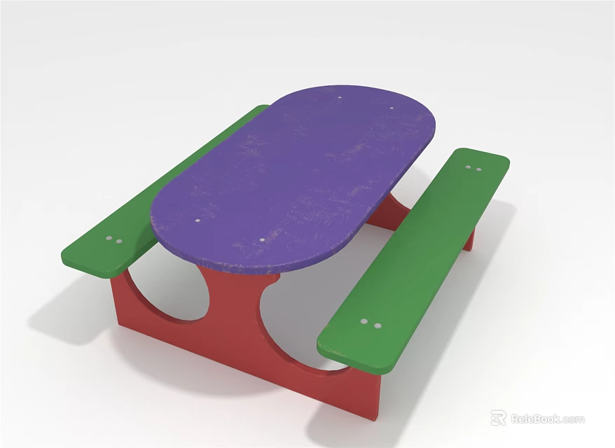 Colorful Outdoor Picnic Table With Purple Tabletop Green Benches And Red Legs 3d model 