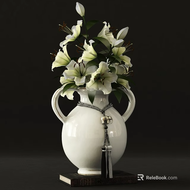 White Vase With Two Handles And Decorative Chain Holding Fresh White Lilies On Dark Background 3d model 