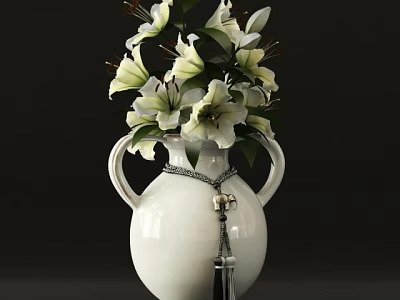 White Vase With Two Handles And Decorative Chain Holding Fresh White Lilies On Dark Background 3d model