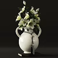 White Vase With Two Handles And Decorative Chain Holding Fresh White Lilies On Dark Background