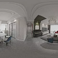 Elegant Modern Living And Dining Room Interior With Green Wall Chandelier Blue Sofa And Piano