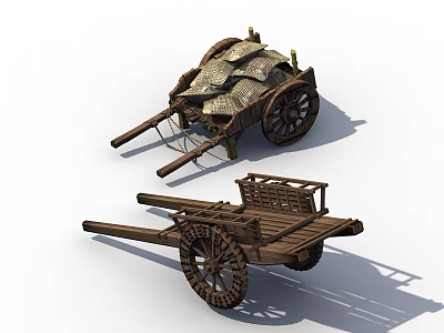 Ancient Wooden Hand Carts With Woven Cover Open Frame And Wooden Wheels 3d model