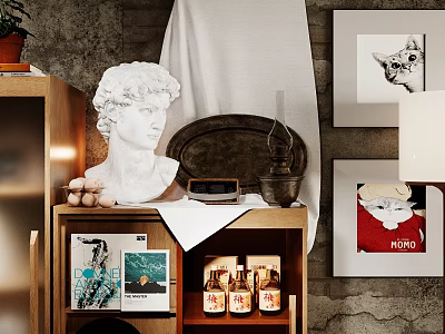 Classic White Marble Sculpture Head Display On Wooden Cabinet With Decorative Items 3d model