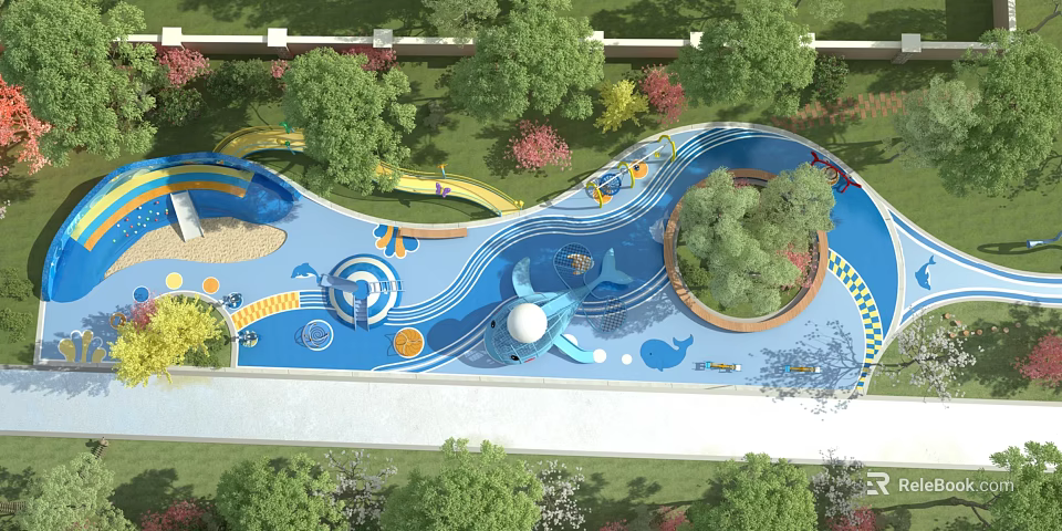 Park Landscape Featuring Curved Blue Water Play Slides Green Lawns And Pink Flowering Trees 3d model 