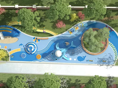 Park Landscape Featuring Curved Blue Water Play Slides Green Lawns And Pink Flowering Trees 3d model