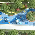 Park Landscape Featuring Curved Blue Water Play Slides Green Lawns And Pink Flowering Trees