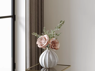 White Textured Vase With Pink Roses And Green Leaves On Gold Metal Table By Window 3d model