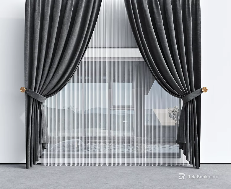 Black Velvet Curtains with White Sheer Panels and Golden Tiebacks in Modern Interior Window 3d model 