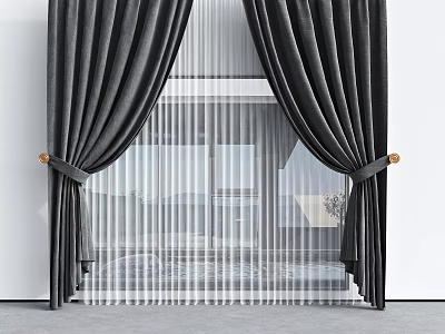 Black Velvet Curtains with White Sheer Panels and Golden Tiebacks in Modern Interior Window 3d model