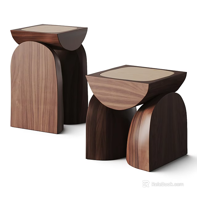 Minimalist Pair of Wooden Side Tables With Curved Arc Design And Walnut Finish 3d model 