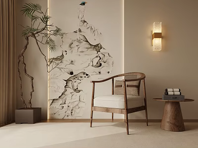 Chinese Leisure Chair With Wooden Frame Beige Cushion Landscape Painting Green Plant And Wall Lamp 3d model