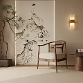 Chinese Leisure Chair With Wooden Frame Beige Cushion Landscape Painting Green Plant And Wall Lamp
