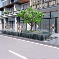 Modern Commercial Street With Stylish Architecture Green Trees And Pedestrians Walking