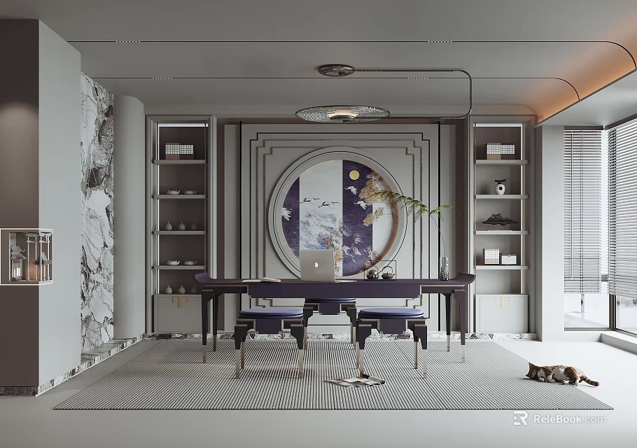 Elegant Gray Study Room Interior With Round Decorative Mirror Bookshelves Desk Laptop Chairs Rug Cat 3d model 