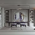 Elegant Gray Study Room Interior With Round Decorative Mirror Bookshelves Desk Laptop Chairs Rug Cat