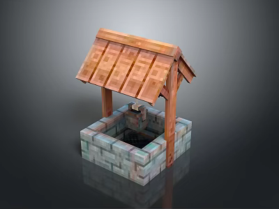 Traditional Well Structure With Sloped Wooden Roof And Stone Brick Base 3d model