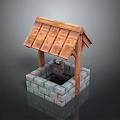 Traditional Well Structure With Sloped Wooden Roof And Stone Brick Base
