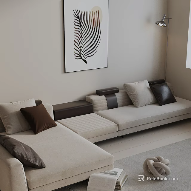 Modern Living Room Three Seater Sofa With Beige Upholstery Leaf Art And Decorative Pillows 3d model 