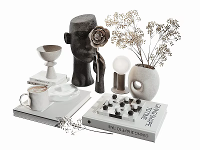 Decorative Ornament Set With Black Head Sculpture Flower White Vase Dried Flowers Chessboard Cup And Book 3d model