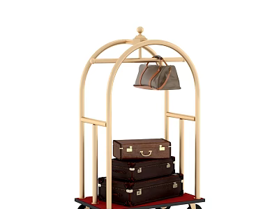 Wooden Frame Luggage Rack With Handbag On Top And Stacked Suitcases Below 3d model