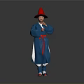 Man Wearing Blue Traditional Costume With Red Hat Standing On Gray Background