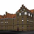 Historic Office Building With Red Roof Brick Exterior And Decorative Windows
