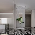 Modern Hotel Lobby Interior With Reception Desk Geometric Pattern Floor And Green Plant
