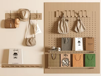 Home Wall Mounted Hooks With Hanging Canvas Bags Hat And Small Accessories 3d model