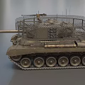 Military Tank Featuring Protective Wire Mesh Turret And Heavy Metal Tracks Design