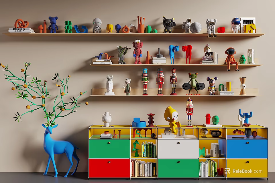 Assorted Decorative Figurine Collection with Blue Deer Statue Colorful Cabinets Shelves and Books 3d model 