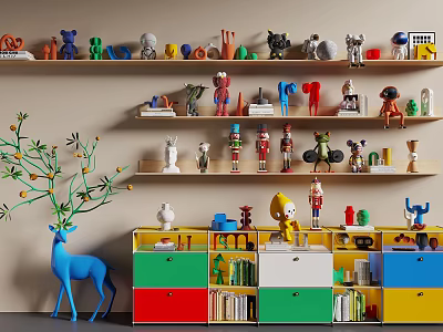 Assorted Decorative Figurine Collection with Blue Deer Statue Colorful Cabinets Shelves and Books 3d model