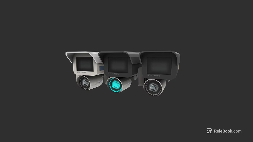Three Security Cameras With Different Designs And Blue Indicator Lights For Home Security 3d model 