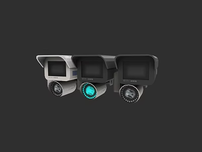 Three Security Cameras With Different Designs And Blue Indicator Lights For Home Security 3d model