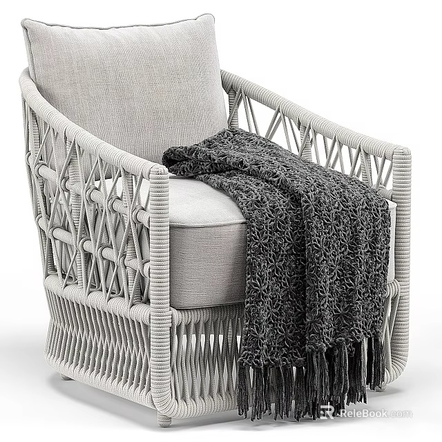 Elegant Single Sofa with Wicker Frame Gray Cushion and Dark Knitted Throw 3d model