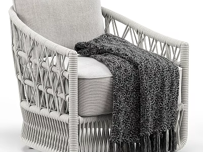Elegant Single Sofa with Wicker Frame Gray Cushion and Dark Knitted Throw 3d model