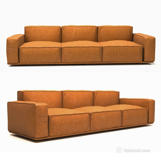 Brown Leather Three Seater Sofa With Modern Design And Comfortable Cushions 3d model