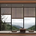 Bamboo Curtains in Japanese Style Room with Mountain View Wooden Floor Tea Table and Cushions